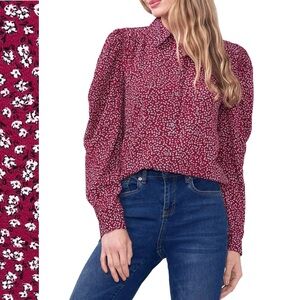 CeCe Crepe Button Down Shirt Floral Long Sleeve Stretch Collar Smocked Shoulder